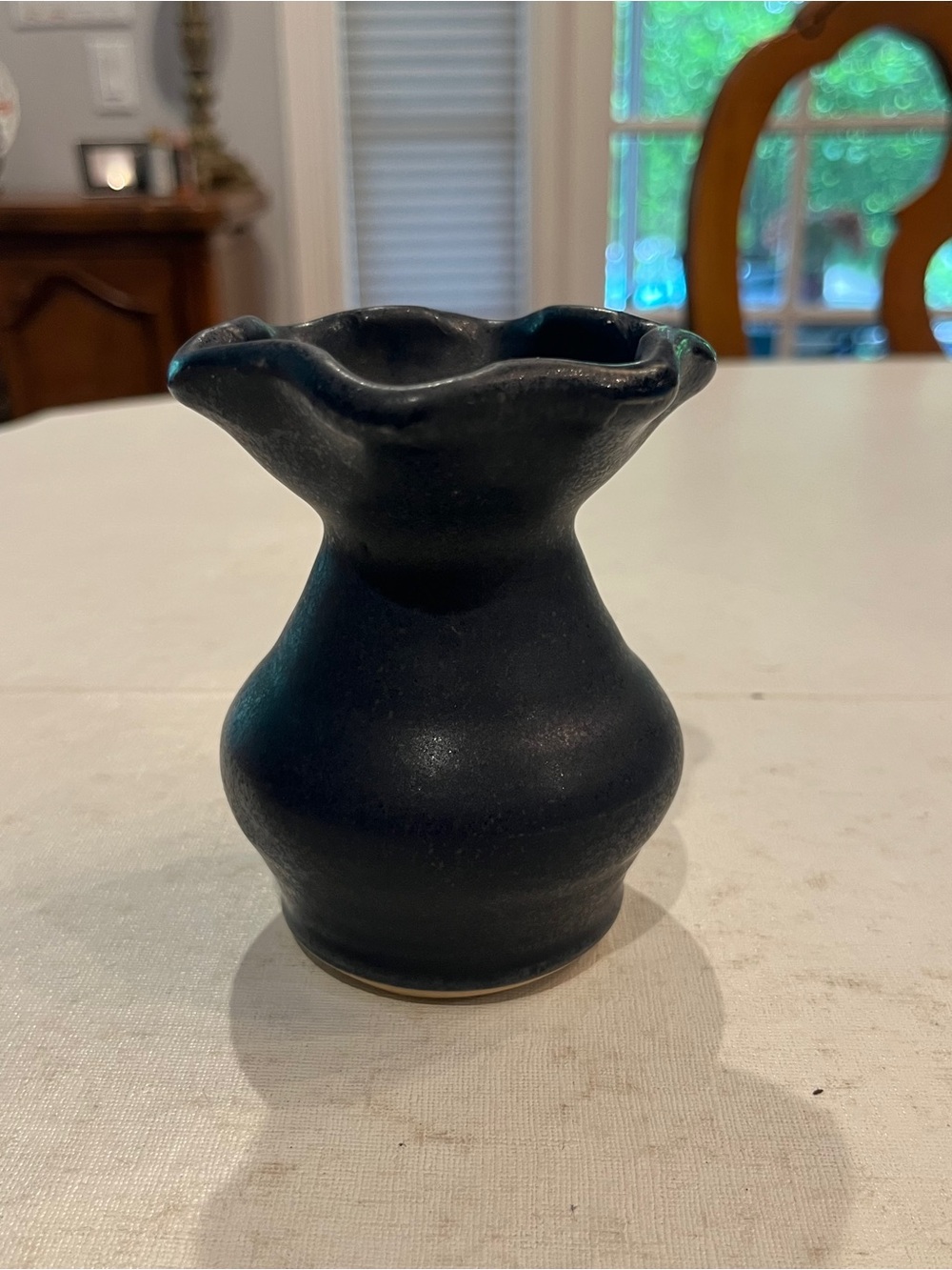 Handmade deep eggplant purple pottery fluted Bud Vase. Signed